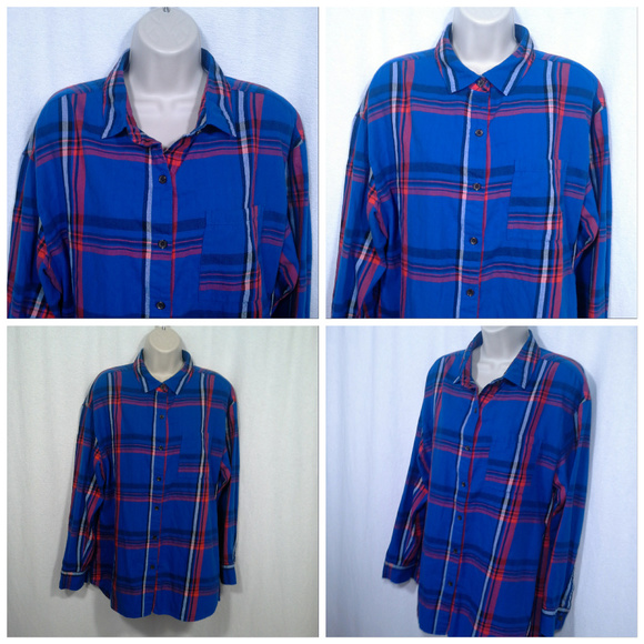 Old Navy Boyfriend shirt Size L Blue Red Plaid Cotton twill Front button - Picture 2 of 7